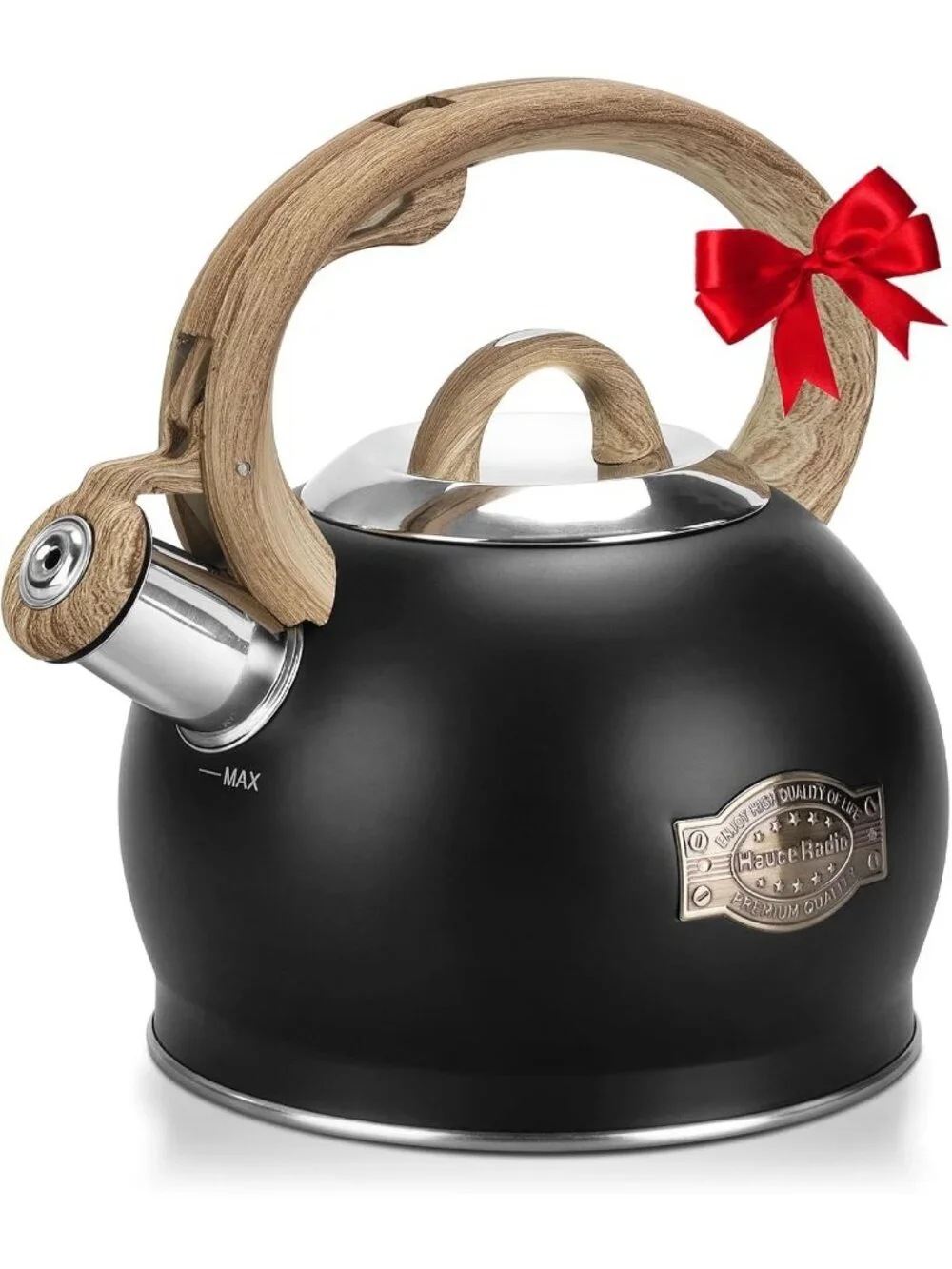 Black Whistling Tea kettle 2.1 Quart Stainless Steel Stovetop with Wood Handle